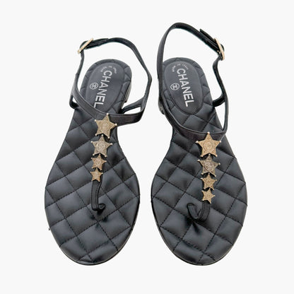 Chanel CC Star T-Strap Sandals in Black Leather Size 37