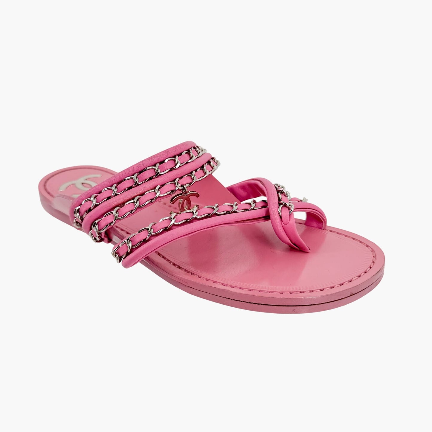 Chanel Toe Ring Chain Flat Sandals in Pink Leather Size 37