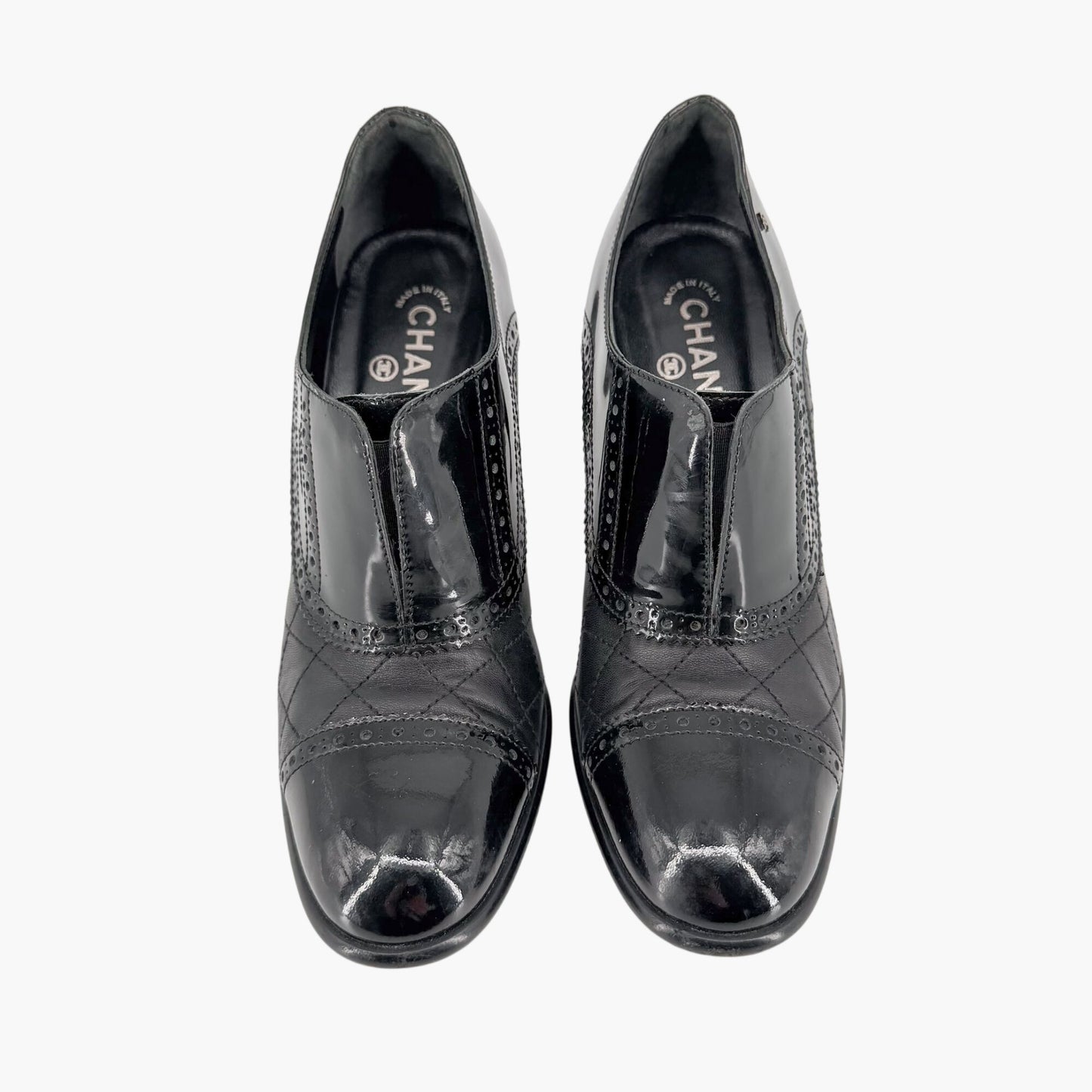 Chanel Quilted Brogue Ankle Booties Black Size 40