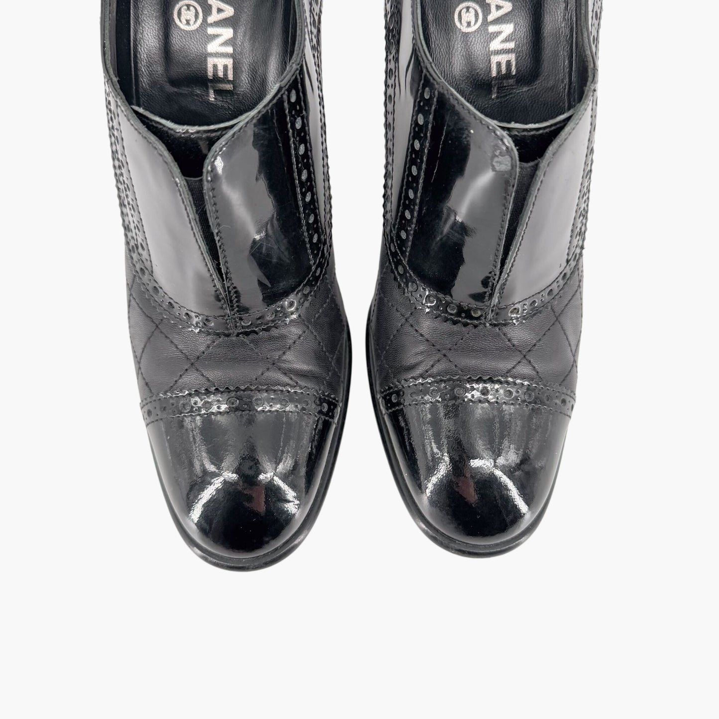 Chanel Quilted Brogue Ankle Booties Black Size 40