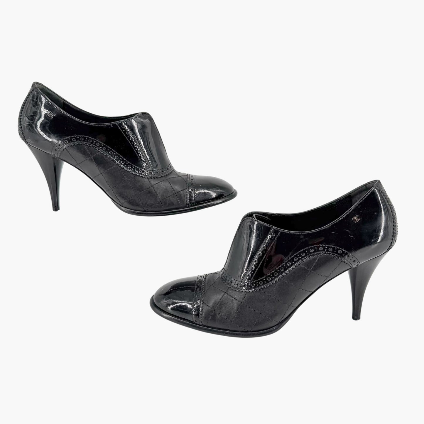 Chanel Quilted Brogue Ankle Booties Black Size 40