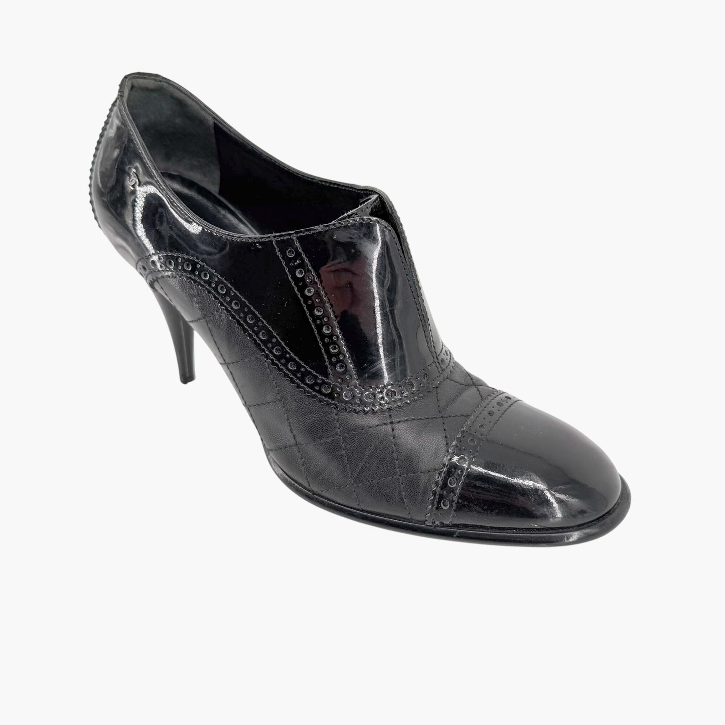 Chanel Quilted Brogue Ankle Booties Black Size 40