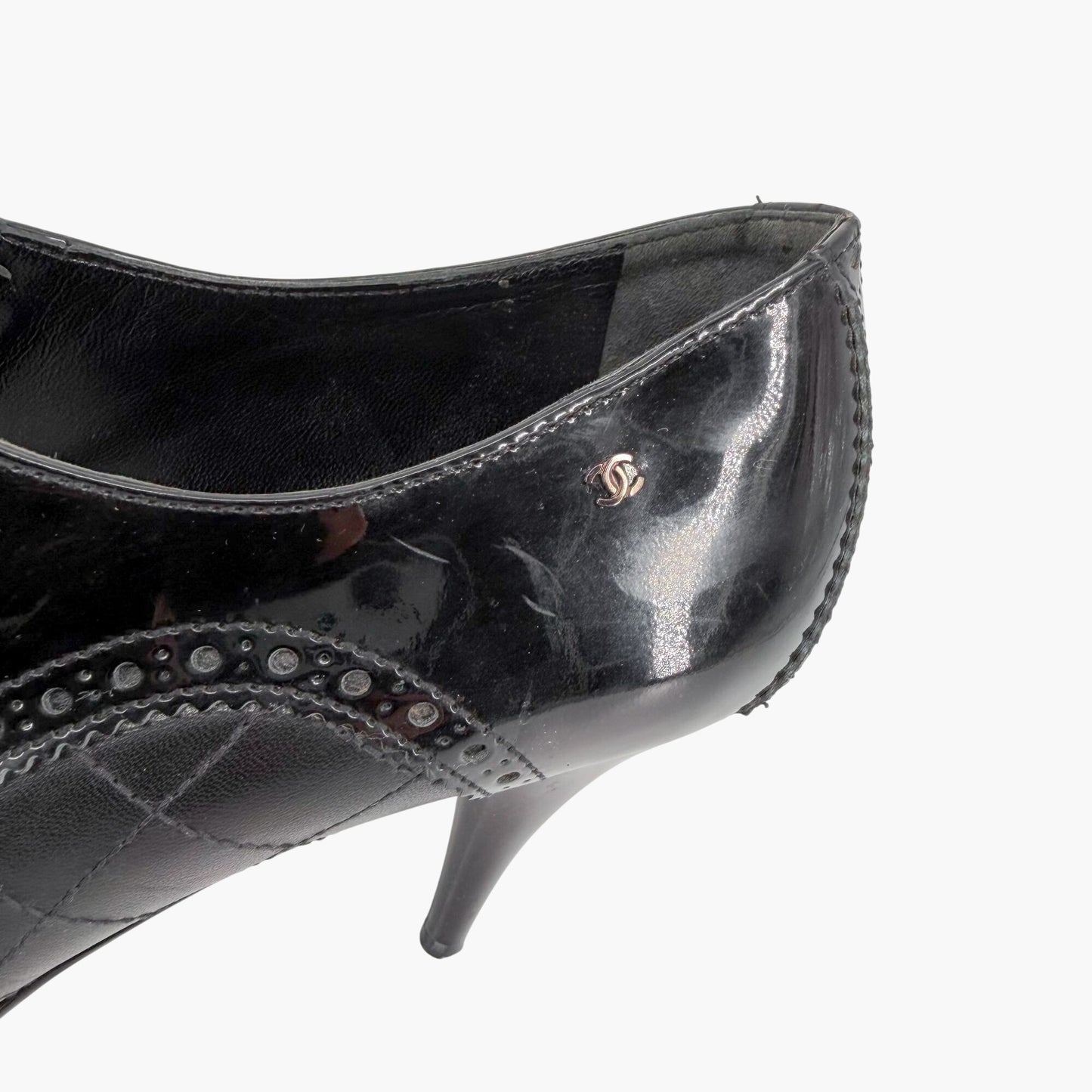 Chanel Quilted Brogue Ankle Booties Black Size 40