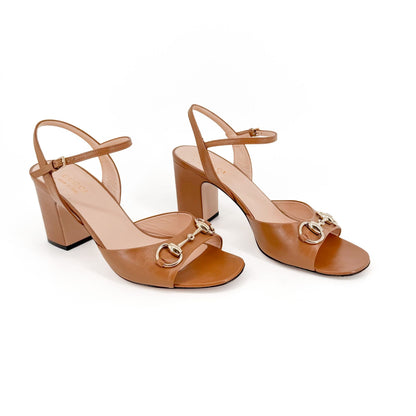 Gucci Lady Horsebit Block Heel Sandals in Brown Leather Size 38.5