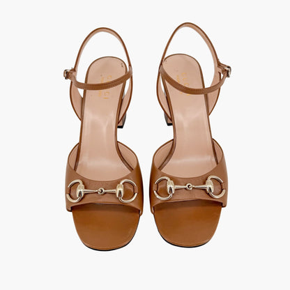 Gucci Lady Horsebit Block Heel Sandals in Brown Leather Size 38.5