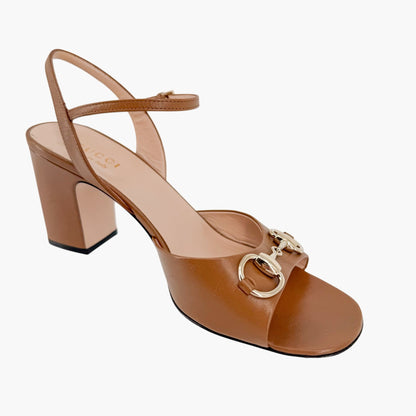 Gucci Lady Horsebit Block Heel Sandals in Brown Leather Size 38.5