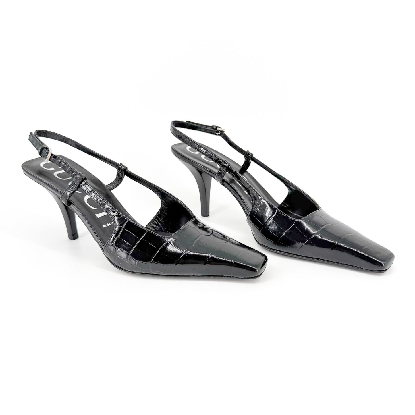Gucci Crocodile Embossed Slingback Pumps in Black Leather Size 39