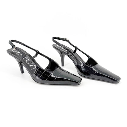 Gucci Crocodile Embossed Slingback Pumps in Black Leather Size 39