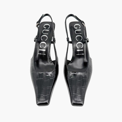 Gucci Crocodile Embossed Slingback Pumps in Black Leather Size 39