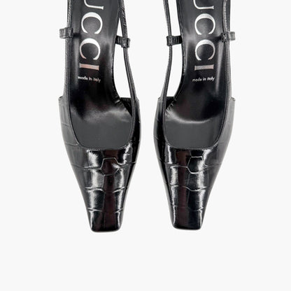 Gucci Crocodile Embossed Slingback Pumps in Black Leather Size 39