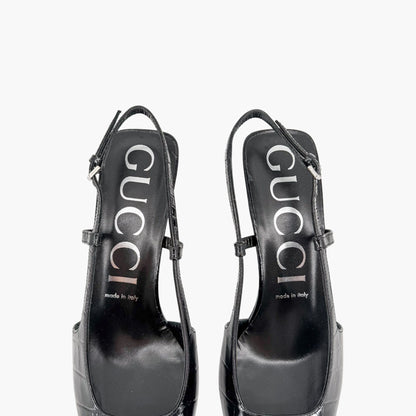 Gucci Crocodile Embossed Slingback Pumps in Black Leather Size 39