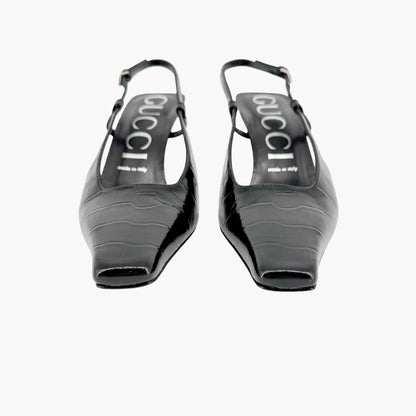 Gucci Crocodile Embossed Slingback Pumps in Black Leather Size 39