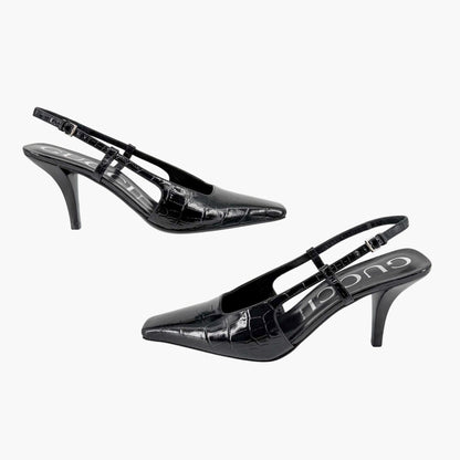Gucci Crocodile Embossed Slingback Pumps in Black Leather Size 39