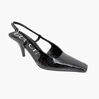 Gucci Crocodile Embossed Slingback Pumps in Black Leather Size 39