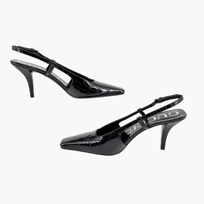 Gucci Crocodile Embossed Slingback Pumps in Black Leather Size 39