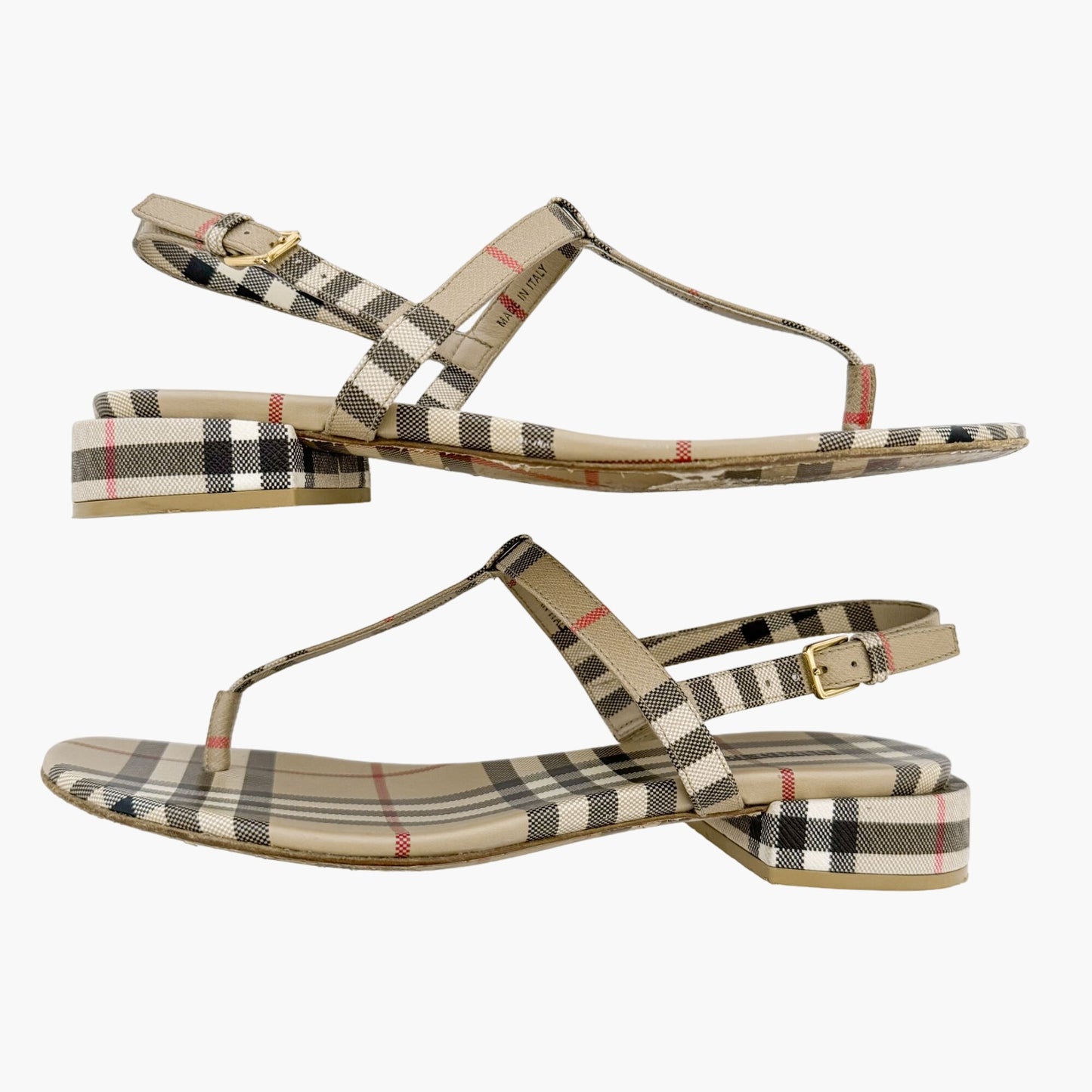 Burberry Emily T-Strap Flat Sandals in Beige Vintage Check Coated Canvas Size 37.5