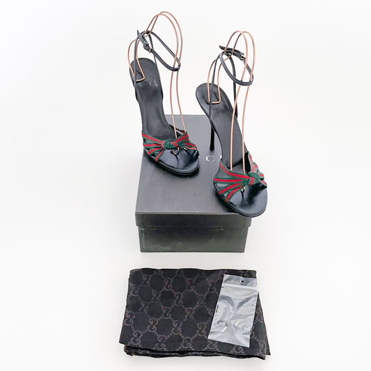 Gucci Mirabelle Knotted Web Stripe Sandals in Black/Green/Red Size 9.5