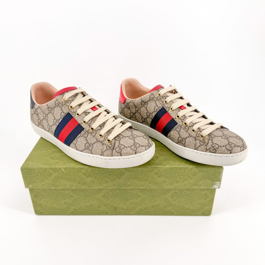 Gucci Ace Web Stripe Sneaker in Beige GG Monogram Coated Canvas Size 39