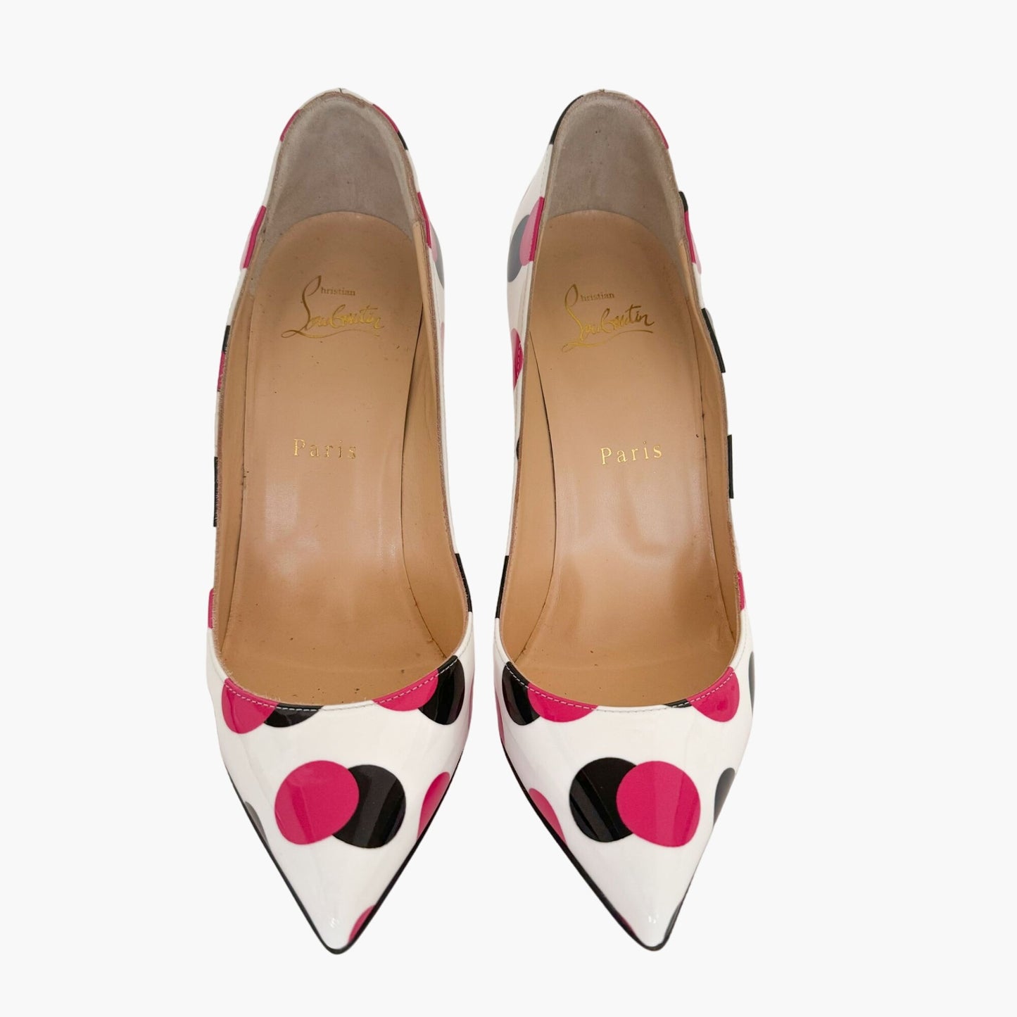 Christian Louboutin Pigalle Follies 100 Pumps in White Bangal-Rose Polka Dots Patent Leather Size 38