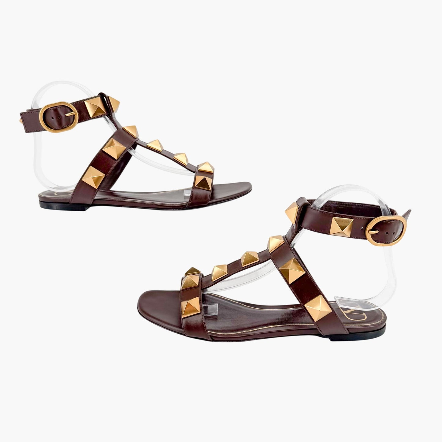 Valentino Garavani Roman Stud T Strap Sandals Brown Size 38