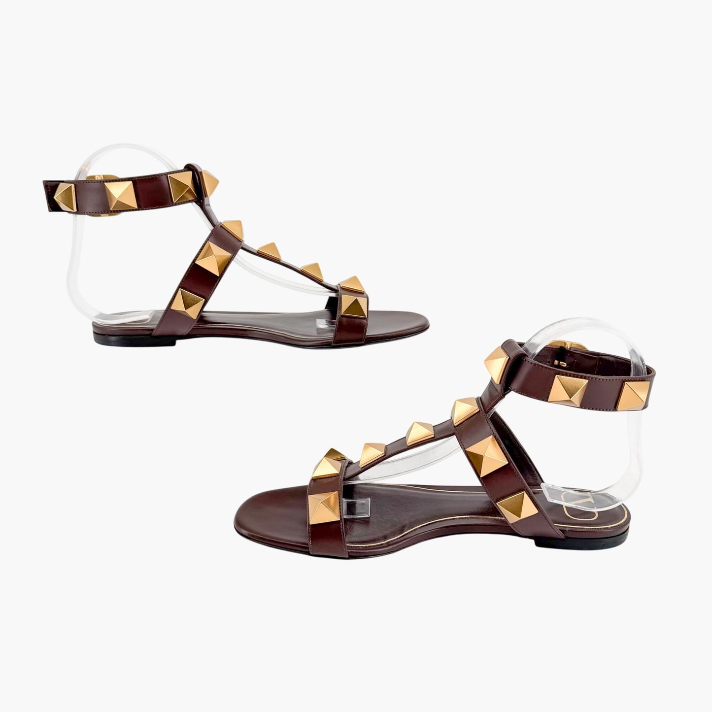 Valentino Garavani Roman Stud T Strap Sandals Brown Size 38