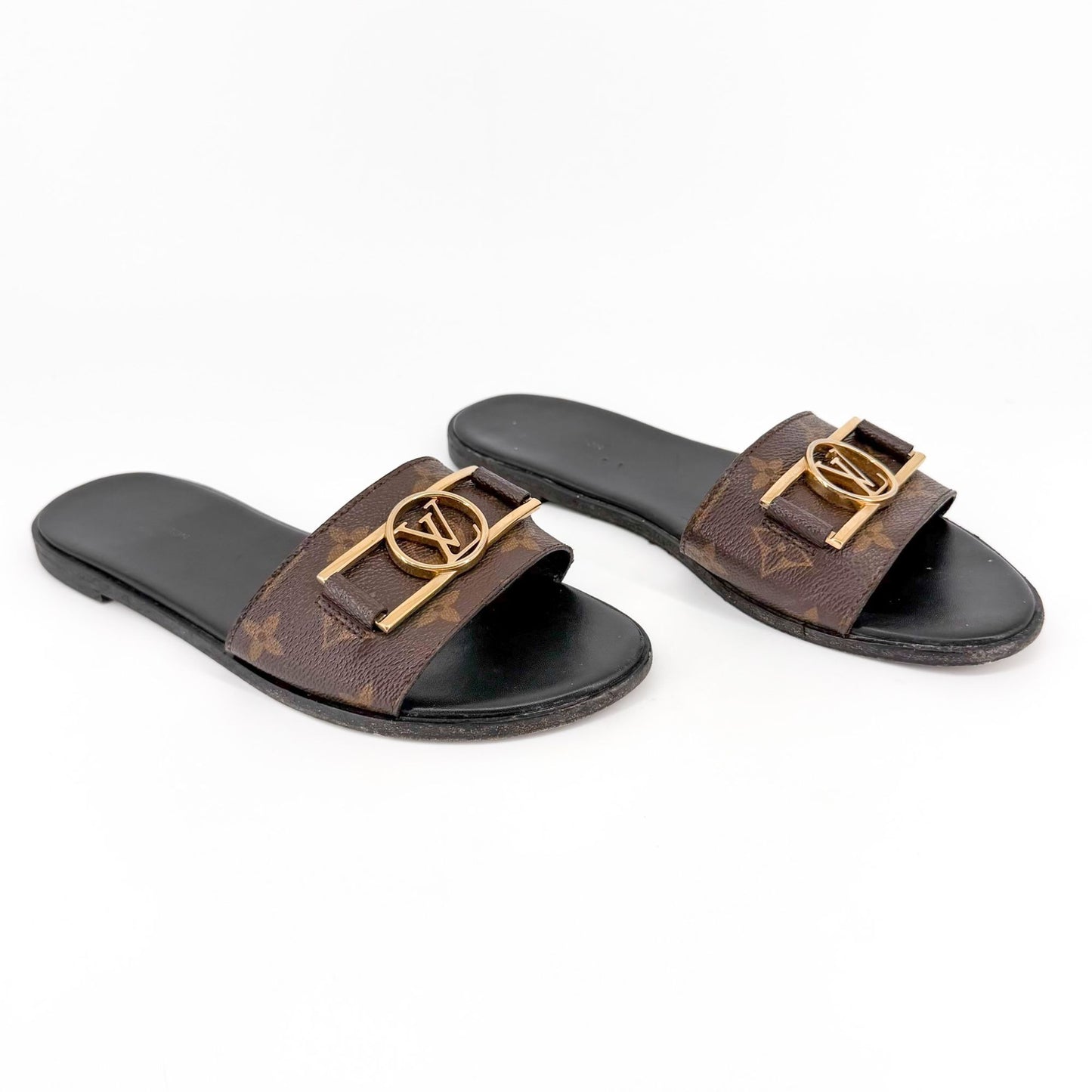 Louis Vuitton Lock It LV Slide Sandals in Brown Monogram Canvas Size 39