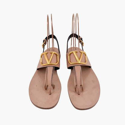 Valentino Garavani Vlogo T-Strap Flat Sandals in Beige Leather – Size 40.5