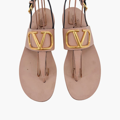 Valentino Garavani Vlogo T-Strap Flat Sandals in Beige Leather – Size 40.5