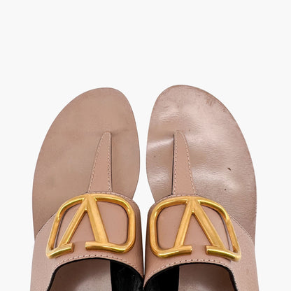 Valentino Garavani Vlogo T-Strap Flat Sandals in Beige Leather – Size 40.5