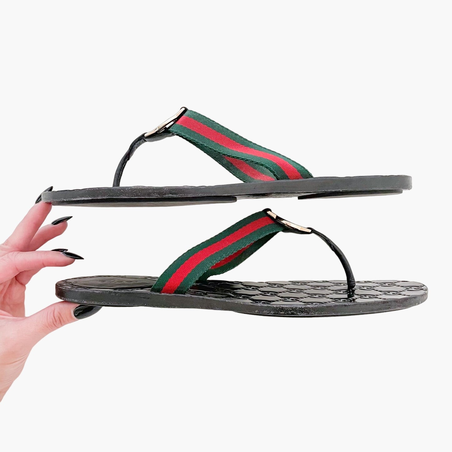 Gucci GG Web Stripe Thong Sandals in Black Size 40