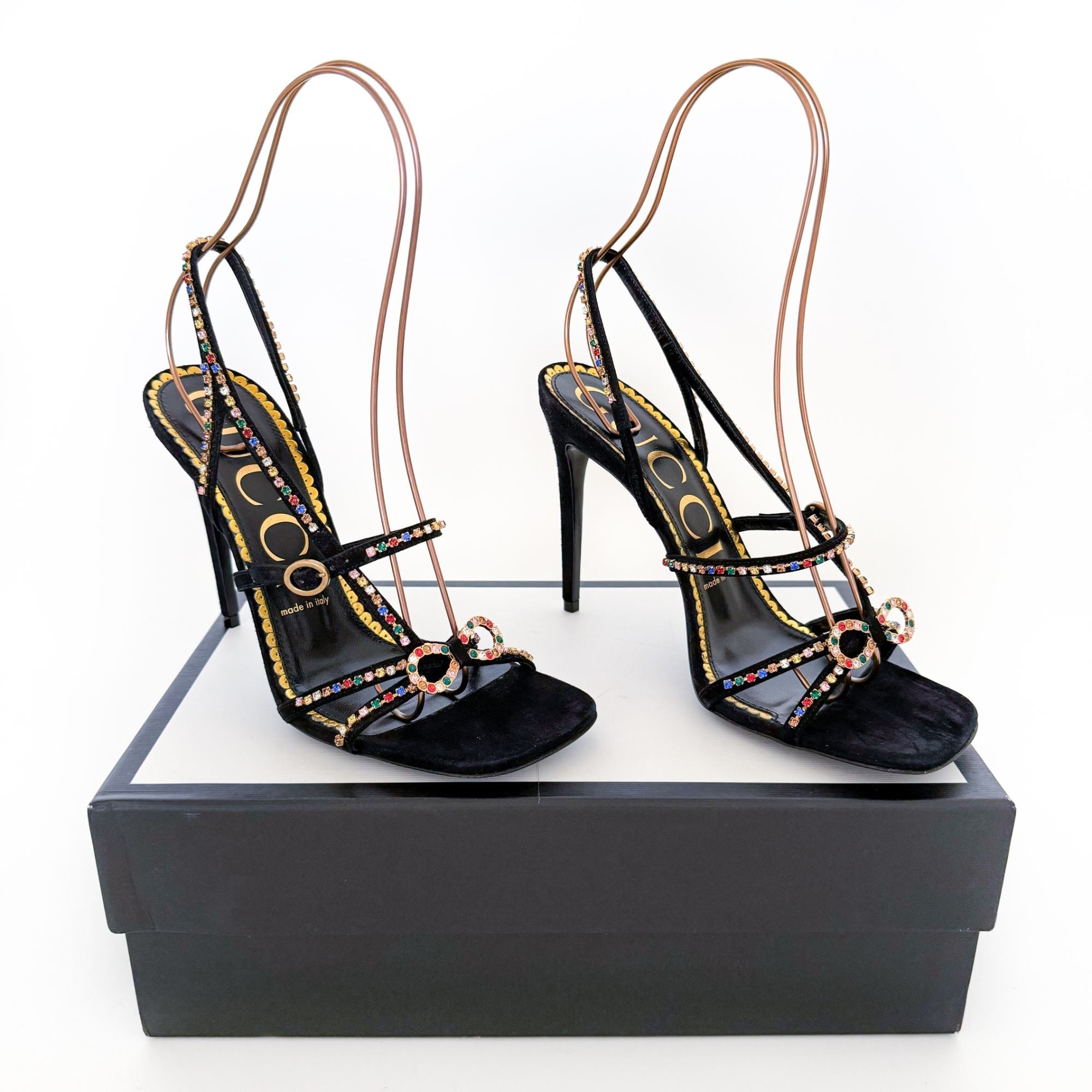 Gucci Carmen Crystal Embellished Black Suede High Heel Sandals Size 39 Golden State Resale