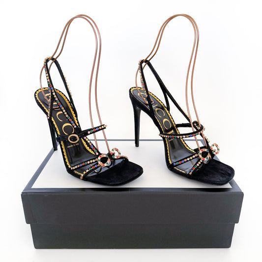 Gucci Carmen Crystal-Embellished Sandals in Black Suede Size 39