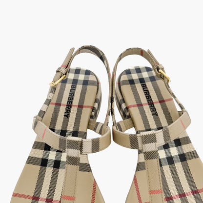 Burberry Emily T-Strap Flat Sandals in Beige Vintage Check Coated Canvas Size 37.5