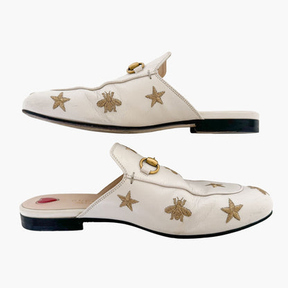 Gucci Princetown Horsebit Loafer Mule in Bee & Star Embroidered White Leather Size 37