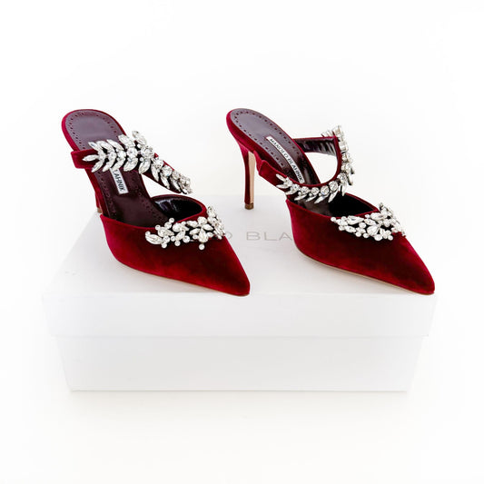 Manolo Blahnik Lurum 90 Crystal-Embellished Mules in Red Velvet Size 36.5