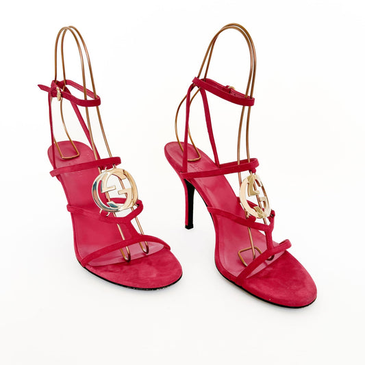 Gucci GG Strappy Heeled Sandals in Cerise Pink Suede Size 38