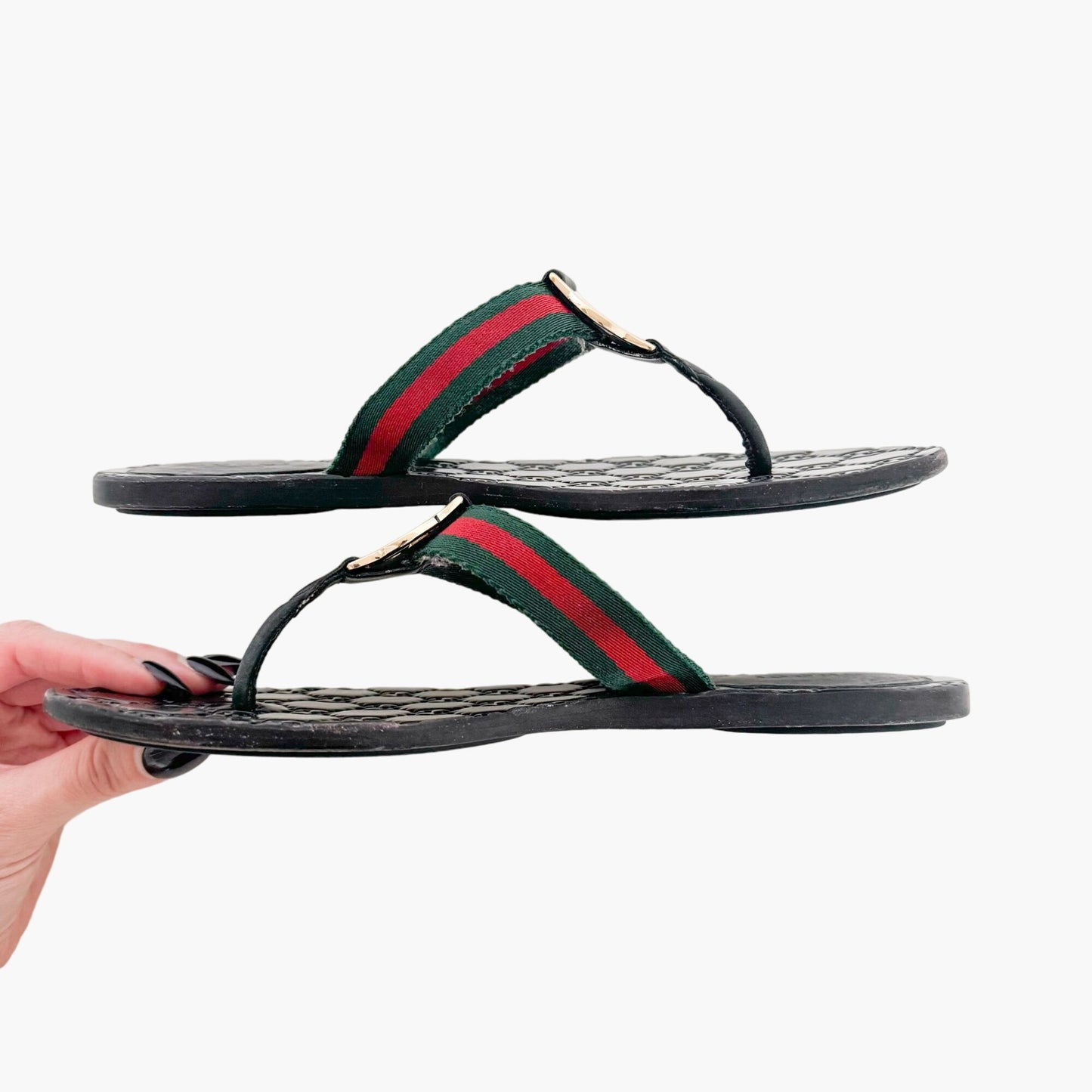 Gucci GG Web Stripe Thong Sandals in Black Size 37.5