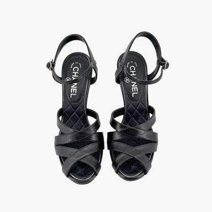 Chanel Crystal CC Strappy Sandals Black Size 37