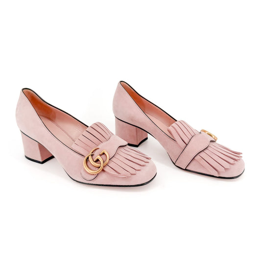 Gucci GG Marmont Fringe Loafer Pumps in Pink Suede Size 39