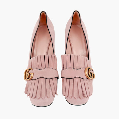 Gucci GG Marmont Fringe Loafer Pumps in Pink Suede Size 39