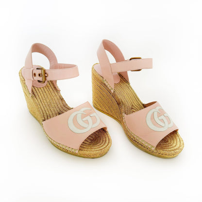 Gucci Flor GG Espadrille Wedge Sandals in Pink & Gold Leather Size 39