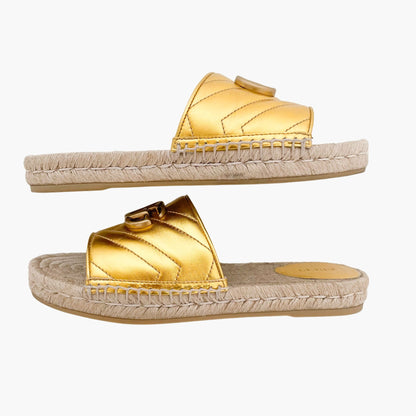 Gucci Charlotte GG Espadrille Slide Sandals in Oro Vecchio (Gold) Nappa Matelassé Size 38