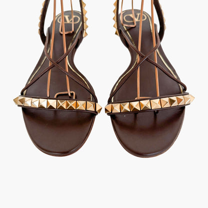 Valentino Garavani Rockstud Wrap Sandals in Brown Leather Size 38