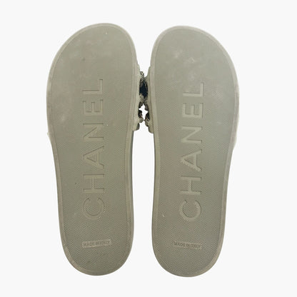 Chanel CC Chain Slide Sandals in Khaki Green Canvas Size 42