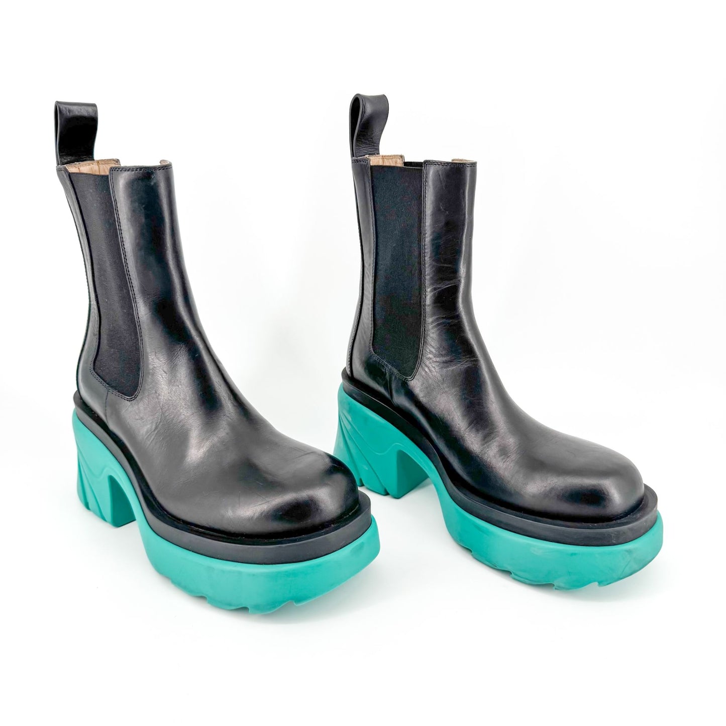 Bottega Veneta Flash Chelsea Ankle Boots in Black & Teal Size 38