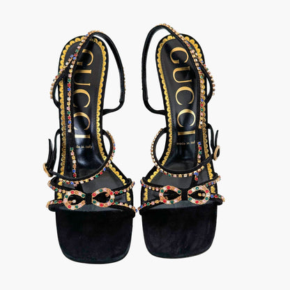 Gucci Carmen Crystal-Embellished Sandals in Black Suede Size 39