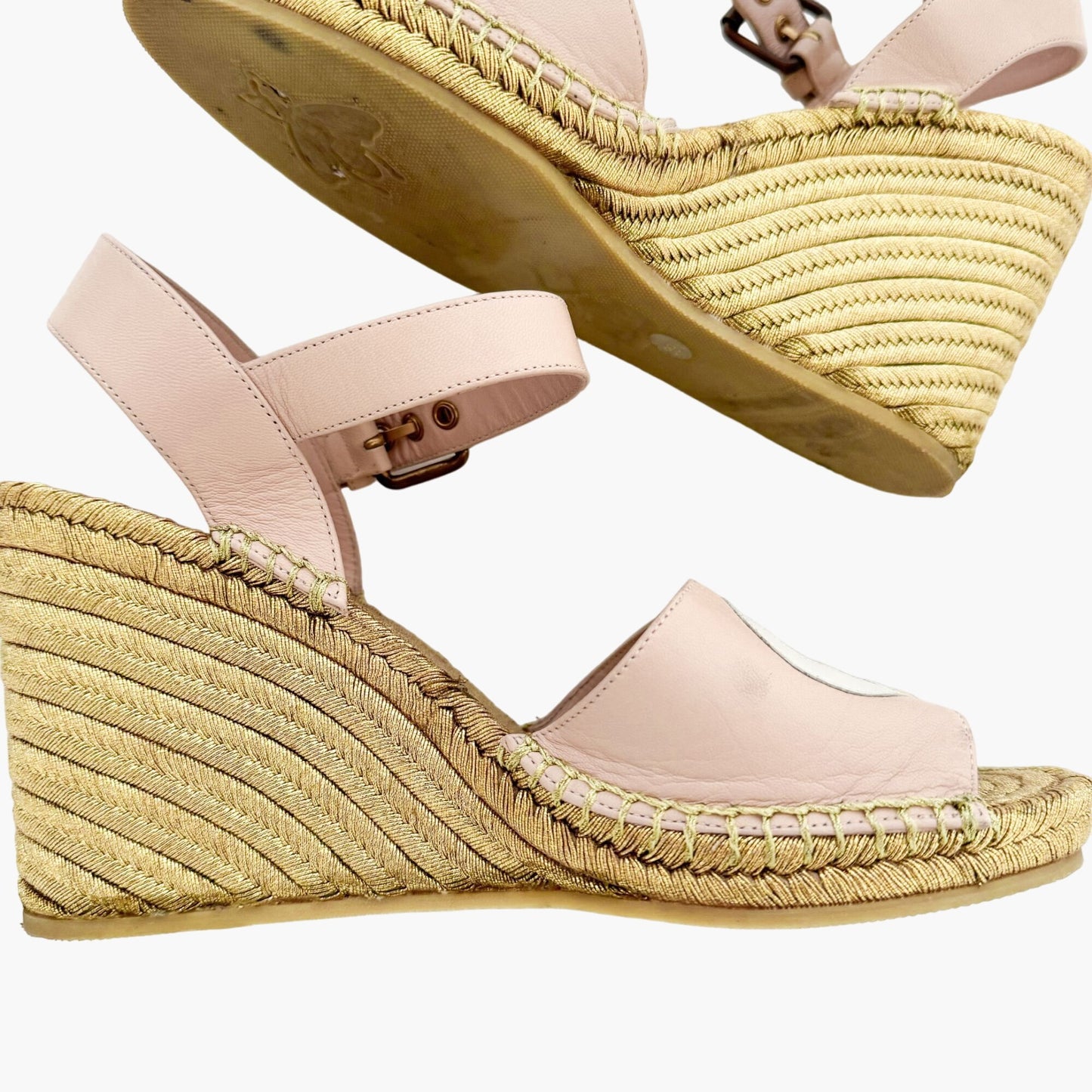 Gucci Flor GG Espadrille Wedge Sandals in Pink & Gold Leather Size 39.5