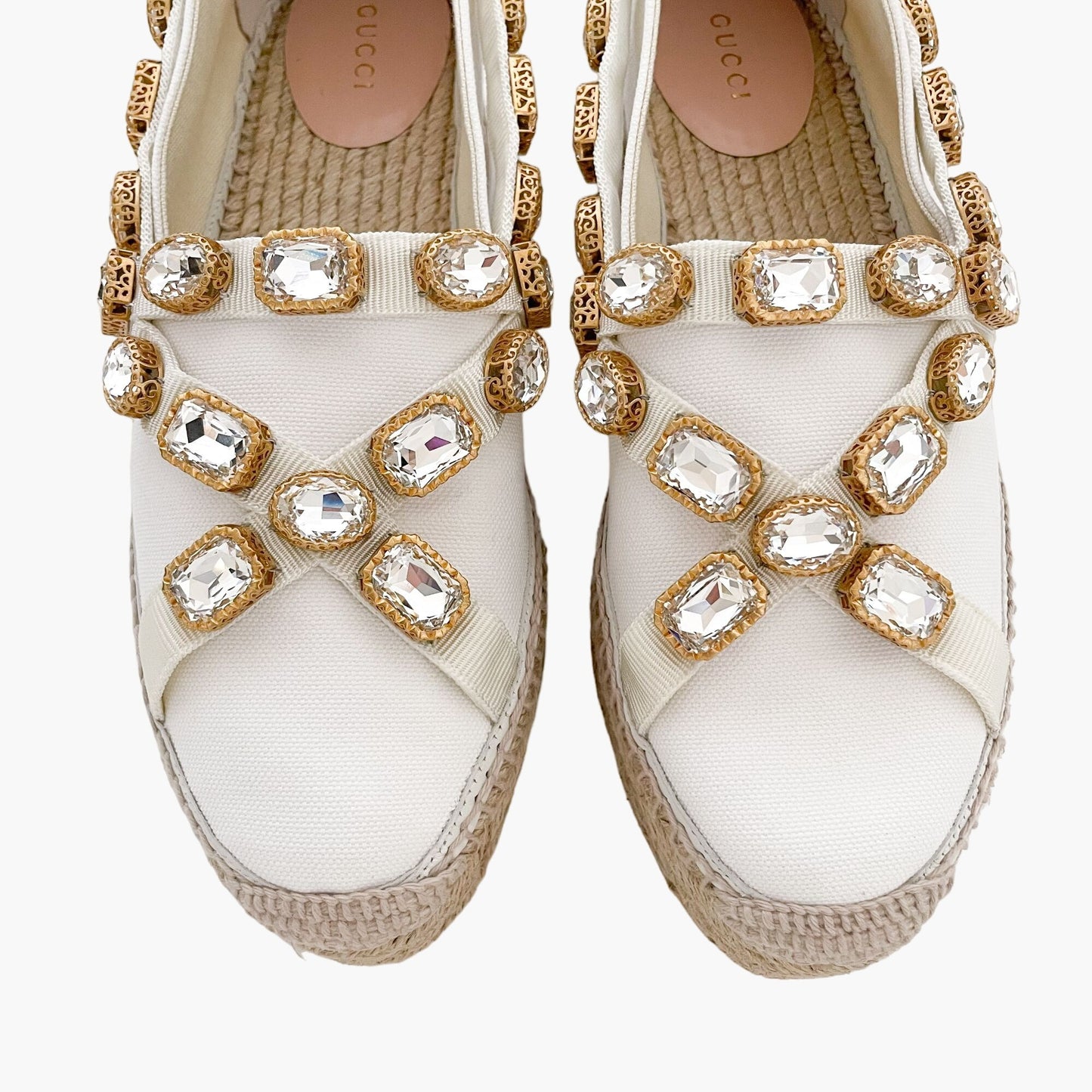 Gucci Pepita Crystal-Embellished Platform Espadrilles in White Canvas Size 40.5