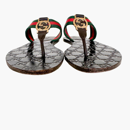 Gucci GG Web Stripe Thong Sandal in Brown Leather Size 39