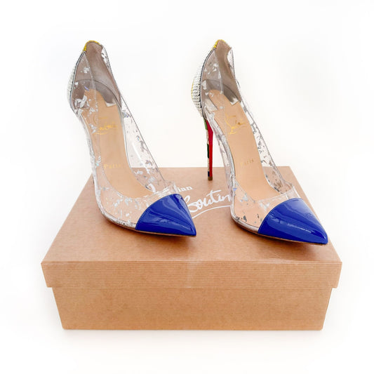 Christian Louboutin Debout 120 Pumps in Blue Patent, PVC and Multicolor Python Size 39.5